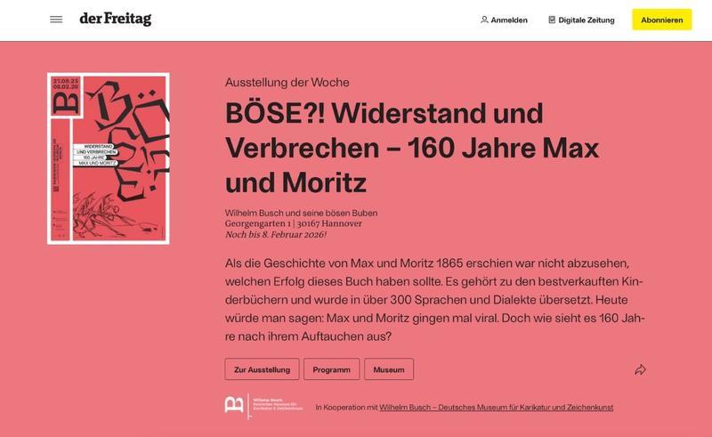 PR-Ergebnis – Museum Wilhelm Busch als Ausstellung der Woche bei der Freitag